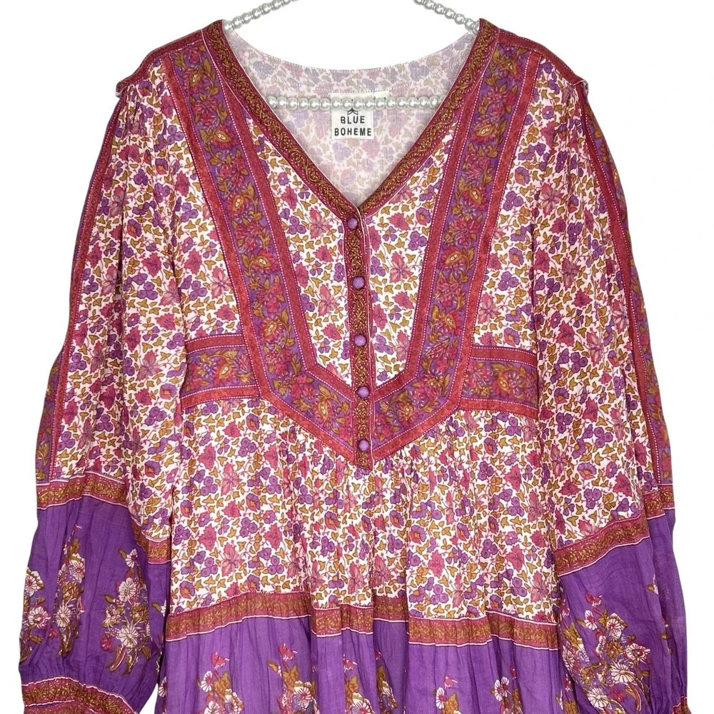 Blue Boheme Boho Peasant Dress M/L Indie Cottage Floral Festival Midi Romantic - Picture 3 of 11